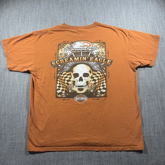 Harley-Davidson Shirt Mens XL Orange Screamin' Eagle Skull Graphic Biker Tee - Picture 2 of 8